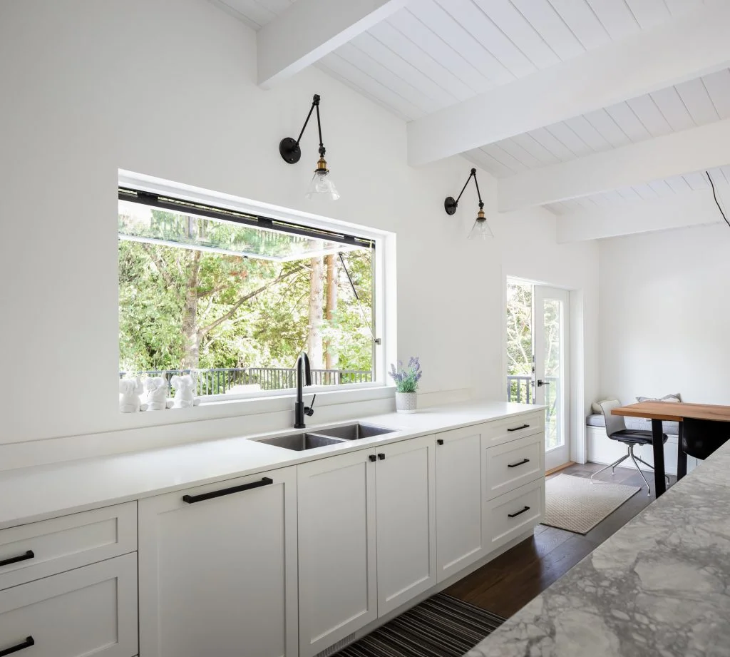 Custom kitchen pass-through window with panoramic opening