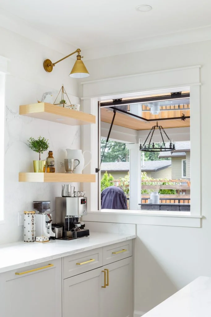 Modern folding pass-through window for backyard bar